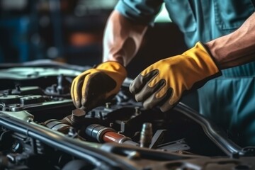 Hands of a master in a car service for car repairs. Background with selective focus and copy space. AI generated