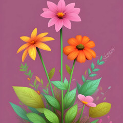 Illustration of flowers and plants with a copyspace colorful background.