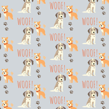 Happy Dog seamless pattern . Cute cartoon dog on light background. Promo for holiday of domestic animal competition collection. Vector illustration for your design