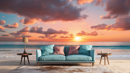 Fototapeta na wymiar A sofa on closeup sea sand beach. Panoramic beach landscape. Inspire tropical beach seascape horizon. Orange and golden sunset sky calmness tranquil relaxing sunlight summer mood. Generative AI