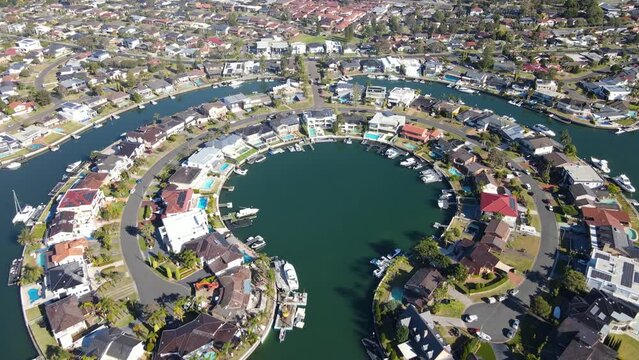 Aerial drone view of Sylvania Waters in the Sutherland Shire, Sydney, NSW Australia on a sunny day in June 2023 