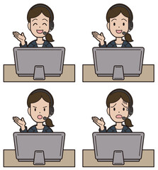 パソコン入力をしながら電話応対をするスーツの若い女性　コールセンター　表情パターン　こちらをご覧下さい　こちら　手