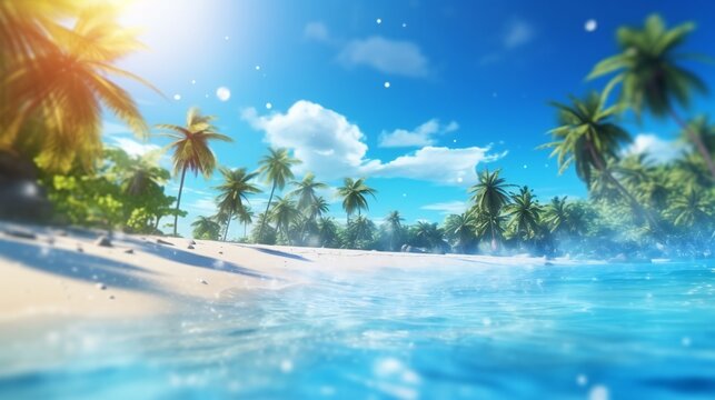A serene tropical beach with palm trees and crystal clear blue water