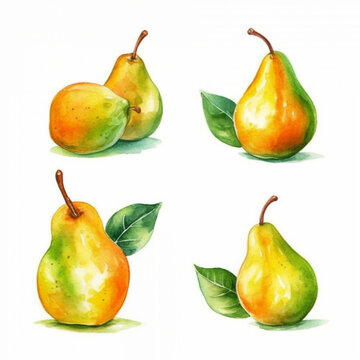 Vibrant watercolor illustration of a succulent pear.