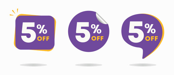 5% off. Sales discount tag. Special offer, promotion. For stores, retail. Vector illustration sticker