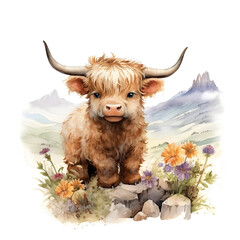 Image of Highland Cow Artwork, Scenic Highland Cow Painting, Whimsical Watercolor Highland Cow, made with generative AI printed on Printed Glass Basin Splashbacks