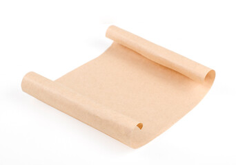 A curled piece of kraft paper is isolated on a white background