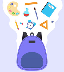 Backpack with flying school supplies. Back to school, knowledge day. Vector illustration purple