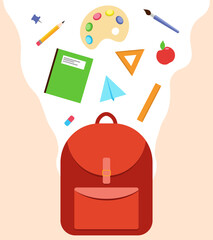 Backpack with flying school supplies. Back to school, knowledge day. Vector illustration red