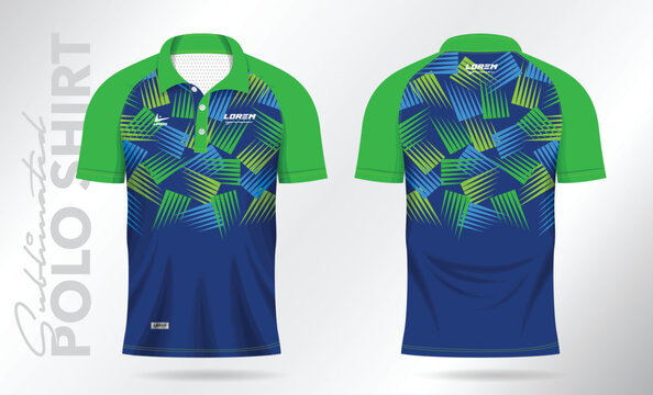 Blue Green Sublimation Polo Shirt Mockup Template Design For Badminton Jersey, Tennis, Soccer, Football Or Sport Uniform