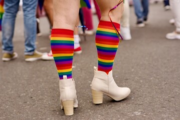 Man wearing rainbow colored socks during the Costa Rica Pride Parade