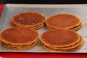 Traditional Dutch stroopwafels or caramel Dutch waffles