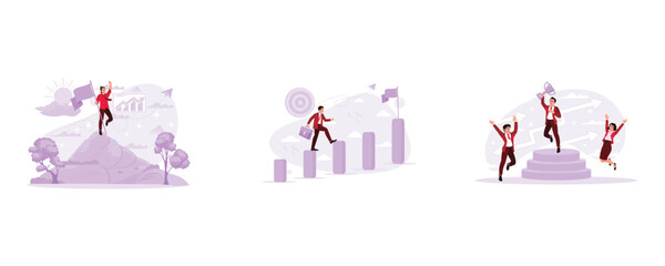 Picture of victory and success with the man on top of the mountain. View of a man climbing stairs with a flag on the top stair. a victorious young entrepreneur with the trophy in hand. Trend Modern ve