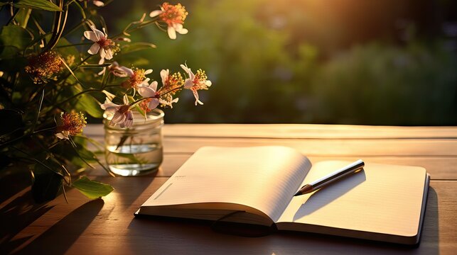 A whimsical illustration of a notebook with a pencil atop, bathed in morning light, inspiring creativity and writing. Generative AI.
