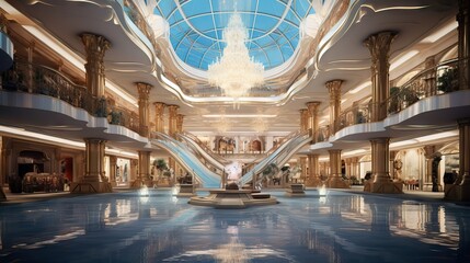 A spacious, luxurious mall interior with elegant stores, high ceilings, and visually appealing design elements. Generative AI.