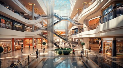 A spacious, luxurious mall interior with elegant stores, high ceilings, and visually appealing design elements. Generative AI. - obrazy, fototapety, plakaty