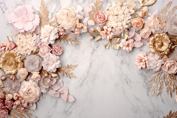 Marble background with pastel pink, gold and beige floral elements