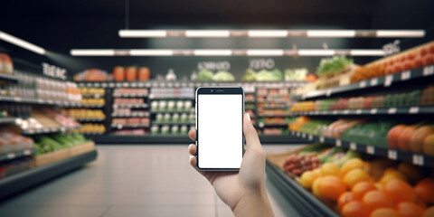 Fototapeta premium Smartphone with a blank white screen on the background of the vegetable department of the supermarket and close-up. Generative AI