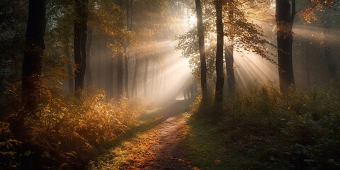 Fototapeta premium Landscape of autumn deciduous forest in sunny and slightly foggy weather. Generative AI