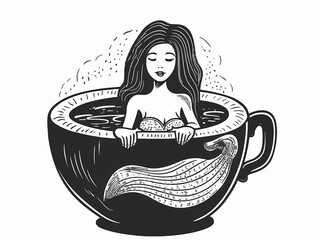 Fantasy image of a beautiful young mermaid woman sitting inside a tea cup, as a pencil sketch and on an isolated white background. Generative AI