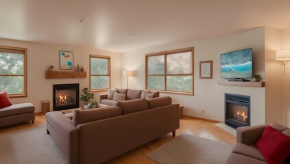 Fototapeta premium An Image Of A Visually Hypnotic Living Room With A Fireplace And A Flat Screen Tv AI Generative