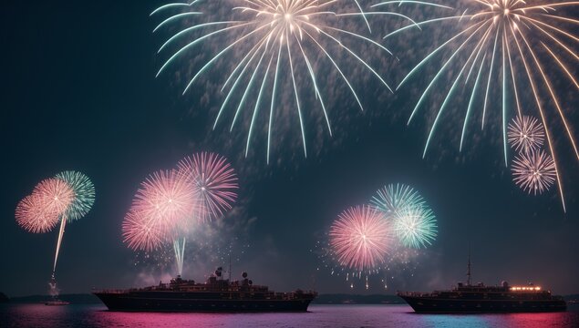 A Depiction Of A Visually Stimulating Colored Fireworks Display With A Boat In The Water AI Generative