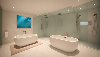 Naklejka na ściany i meble A Scene Of A Beautifully Symmetrical Bathroom With A Large Bathtub AI Generative