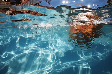 Fototapeta na wymiar Swimmers perspective large pools edge sunny outdoor
