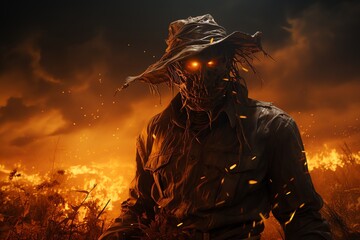 Burning scarecrow rustic farm protector - obrazy, fototapety, plakaty