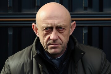 Obraz premium Serious bald Eastern European senior man looking at the camera