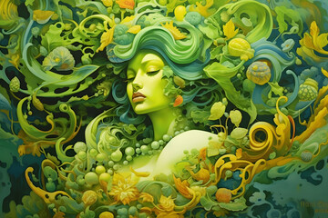 Earthly Enchantress: Woman a s an emboidment of Nature's Beauty and Power, Ethereal oil Art of a woman in Green and Yellow captivating the bond between Femininity and Natural Elements. 