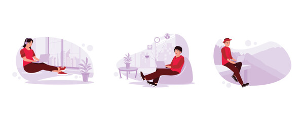 Female freelancer with short hair and sitting with a laptop and headphones. Stylish male freelancer relaxing in a cafe. Travellers in hats sitting rested with a view of the mountains. Trend Modern vec