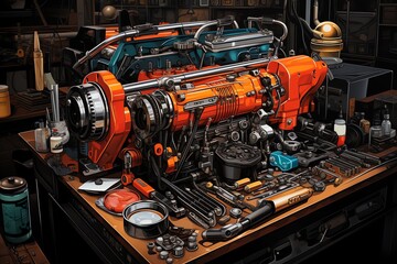 Fototapeta premium A mechanics wrench in a busy auto repair