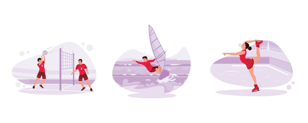 Professional volleyball players. Surfing athletes in action on the sea. The female skater plays beautifully. Trend Modern vector flat illustration.