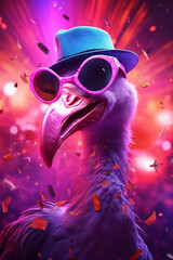 cooler crazy Flamingo Vogel mit Sonnenbrille, Hut und Konfetti in Partystimmung mit guter Laune. Generative Ai.