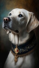 Vintage Canine Elegance: White Labrador in Viceroyalty-inspired Attire Gazing Upward with Blue Eyes