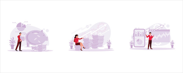 Men invest with lots of coins for savings. Woman sitting on a pile of coins and thinking about future investments. Young businessman looking at rising investment on the mobile screen. Trend Modern 