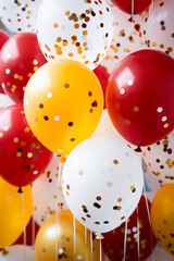fliegende rote, gelbe und weiße Party Ballons mit Konfetti. Generative Ai.
