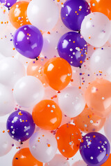 fliegende lila violet, orangene und weiße Party Ballons mit Konfetti. Generative Ai.