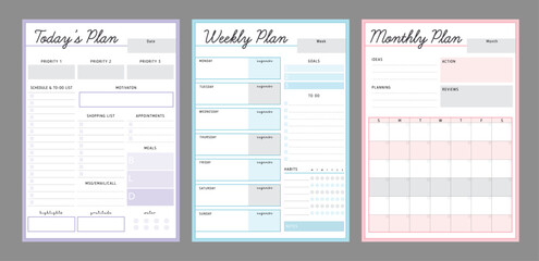 3 set of Monthly, daily, weekly planner. Vector illustration.	