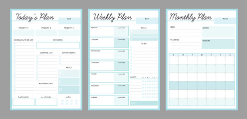 (land) 3 set of Monthly, daily, weekly planner. Vector illustration.	