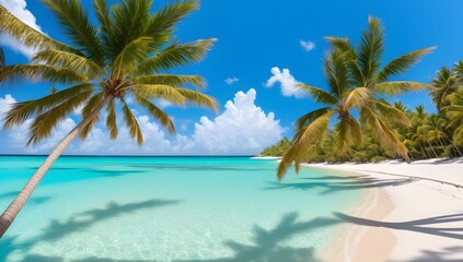 Naklejka na ściany i meble A Picture Of A Sublime Beach With Palm Trees And Clear Water AI Generative