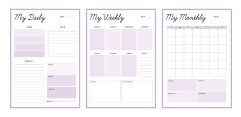 (Peace) 3 set of Monthly, daily, weekly planner. Vector illustration.	