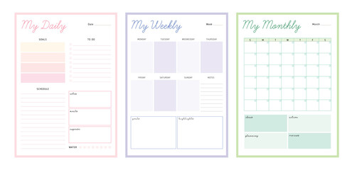 3 set of Monthly, daily, weekly planner. Vector illustration.	