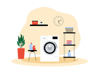 Laundry room design inerior. Vector illustration. Laundry room with washing machine, clock, box, plant, detergent, deodorizers, baskets, towels