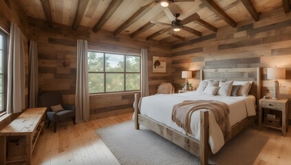 Fototapeta na wymiar An Artful Depiction Of A Striking Rustic Bedroom With Wood Paneling AI Generative