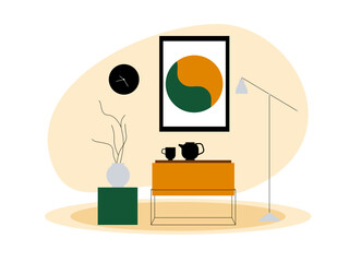 Living room design interior. Vector Illustration. Living room with frame, lamp, table, clock, cup, teapot