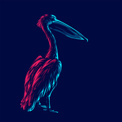 Pelican logo with colorful neon line art design with dark background. Abstract beach animal vector illustration.