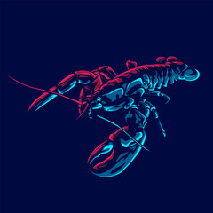 Lobster logo with colorful neon line art design with dark background. Abstract underwater animal vector illustration.