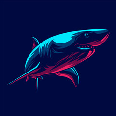 Shark logo with colorful neon line art design with dark background. Abstract underwater animal vector illustration.